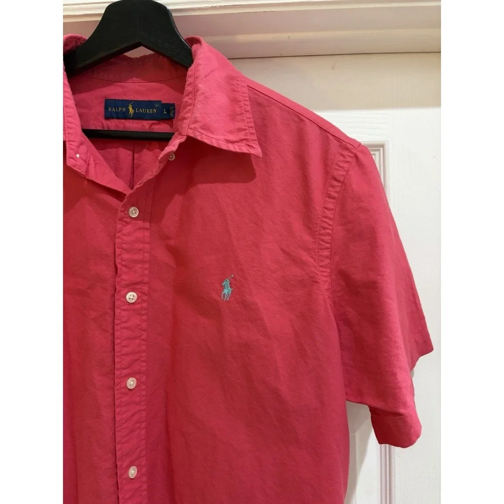 Ralph Lauren Men's Pink Short Sleeve Button Up Shirt Size Large Preppy Golf Polo